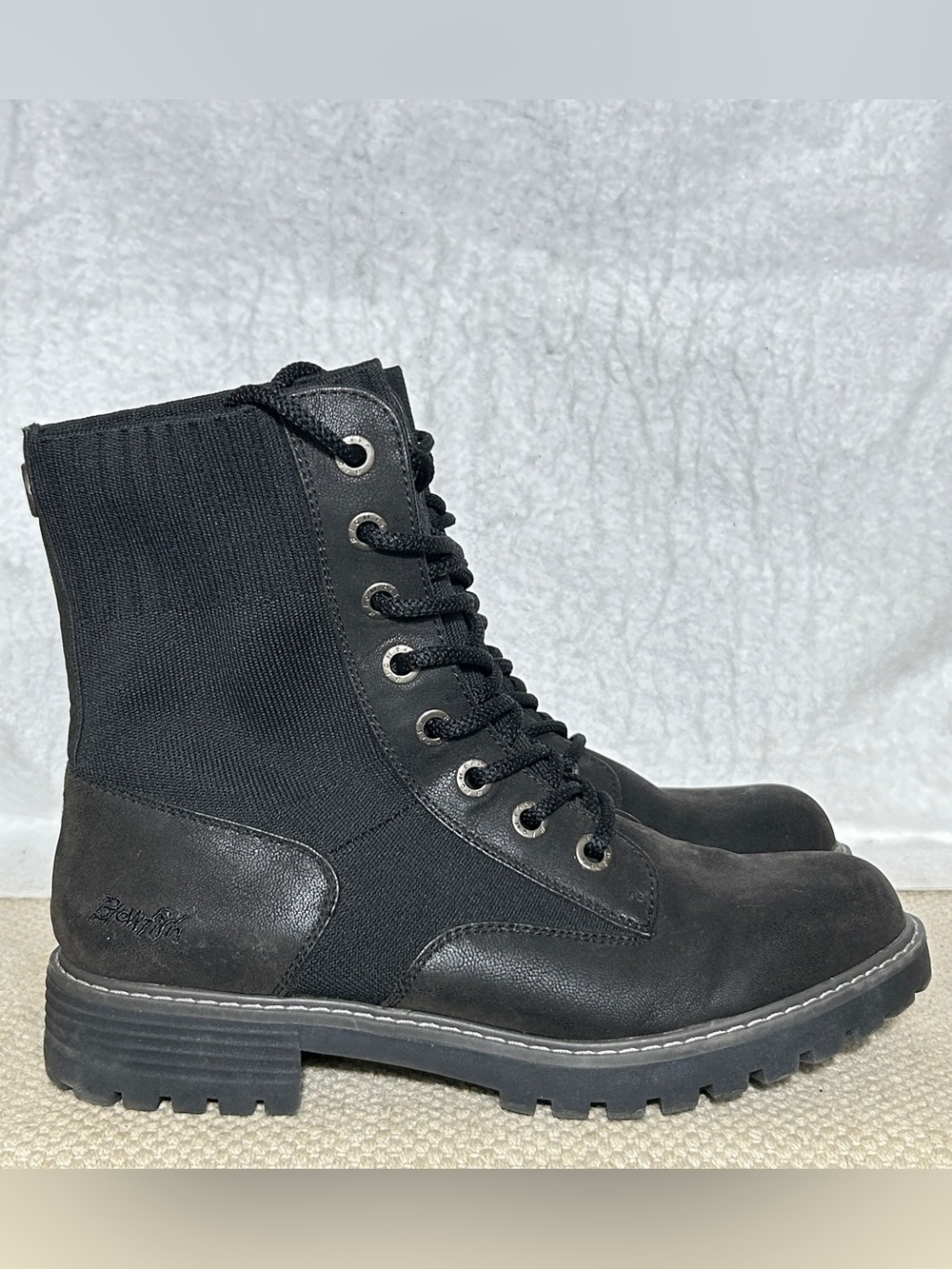 Blowfish Womens Malibu Reilly Blk Tech Knit Stretch Combat Moto Boots SZ 9.5